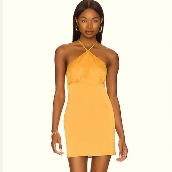 NWT Lovers & Friends TEAGAN MINI DRESS Mustard Yellow Small Satin Revolve - Picture 1 of 13